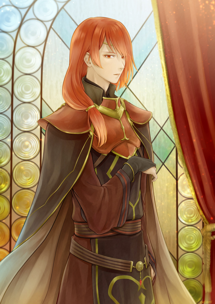 1boy, armor, bracelet, cape, circlet, curtains, fire_emblem, fire_emblem_echoes:_mou_hitori_no_eiyuuou, gyakko, highres, jewelry, long_hair, low_ponytail, luthier_(fire_emblem), male_focus, orange_eyes, redhead, solo, upper_body, window