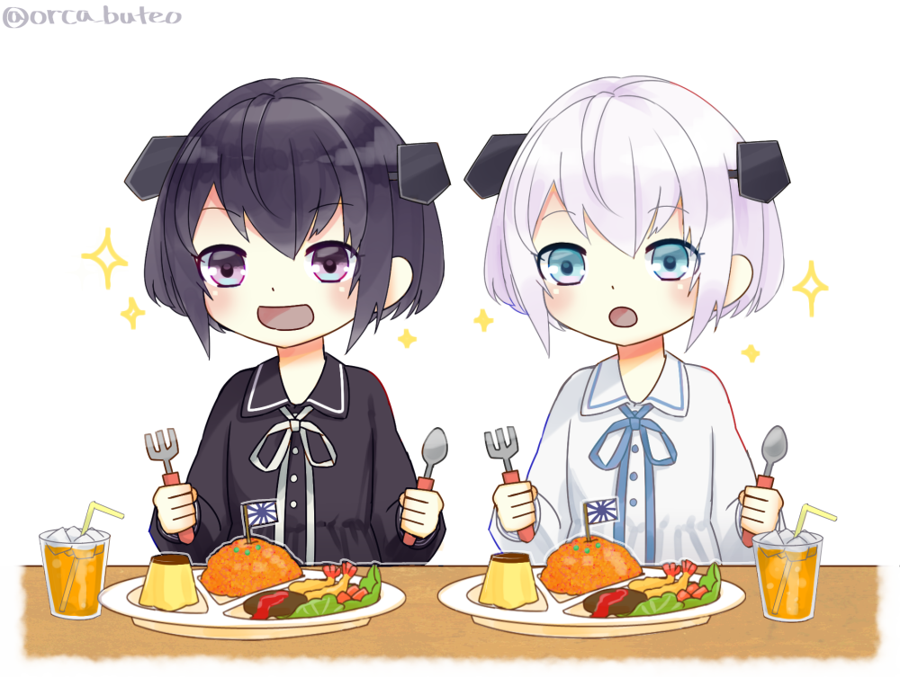 2girls, abyssal_twin_hime_(black), abyssal_twin_hime_(white), black_dress, black_eyes, black_hair, blue_eyes, dress