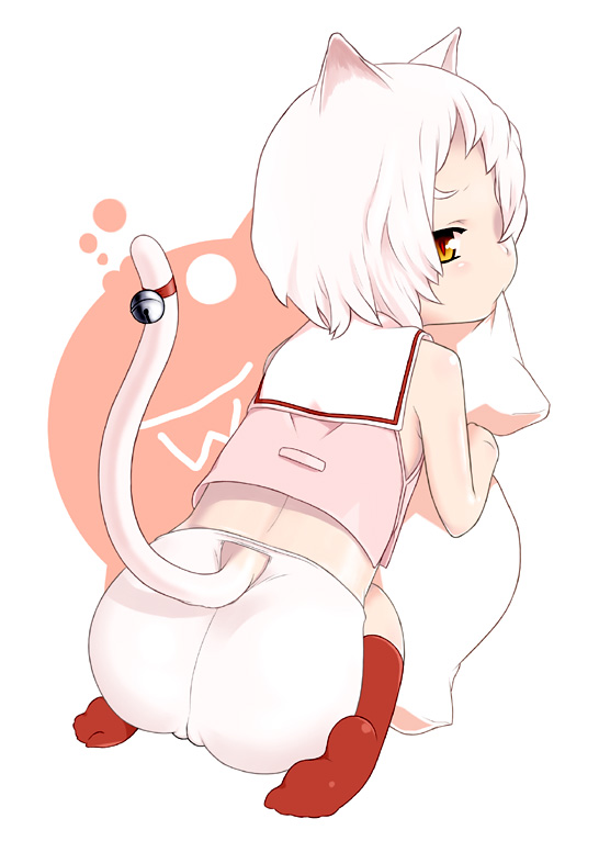 ass, bell, bite, biting, cat_eyes, feet, kneeling, looking_back, mouth_hold, orange_eyes, pillow, pillow_hug, saga_inu, short_hair, sitting, slit_pupils, socks, spandex, tail, tail_bell, white_hair, yellow_eyes