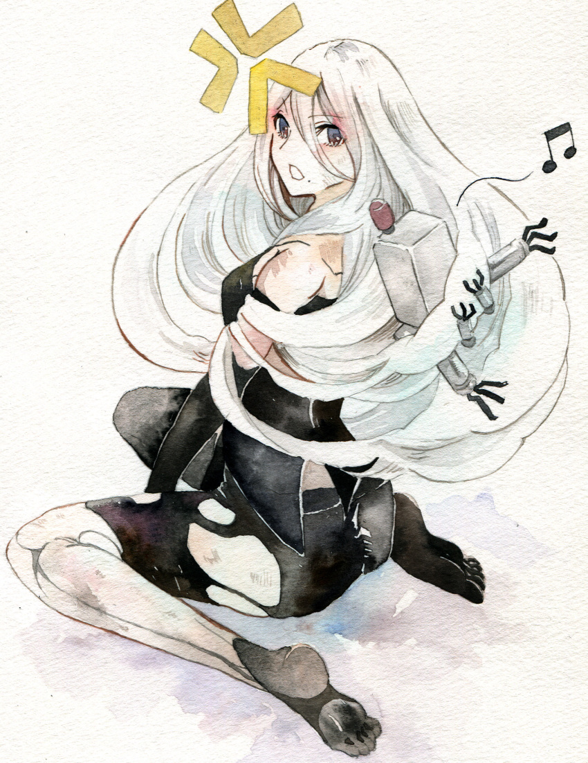 1girl, android, anger_vein, bare_shoulders, breasts, elbow_gloves, en4xx, gloves, highres, long_hair, looking_back, mole, mole_under_mouth, musical_note, nier_(series), nier_automata, open_mouth, pale_skin, pod_(nier_automata), shorts, simple_background, sitting, torn_clothes, traditional_media, watercolor_(medium), white_hair, yorha_type_a_no._2