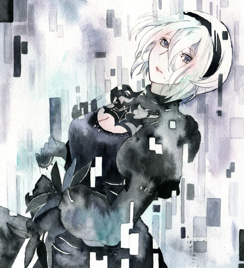 1girl, android, black_dress, blue_eyes, breasts, cleavage, cleavage_cutout, digital_dissolve