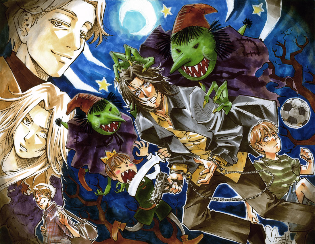 1girl, 6+boys, anna_liebert, blonde_hair, brown_hair, chains, chasing, clenched_teeth