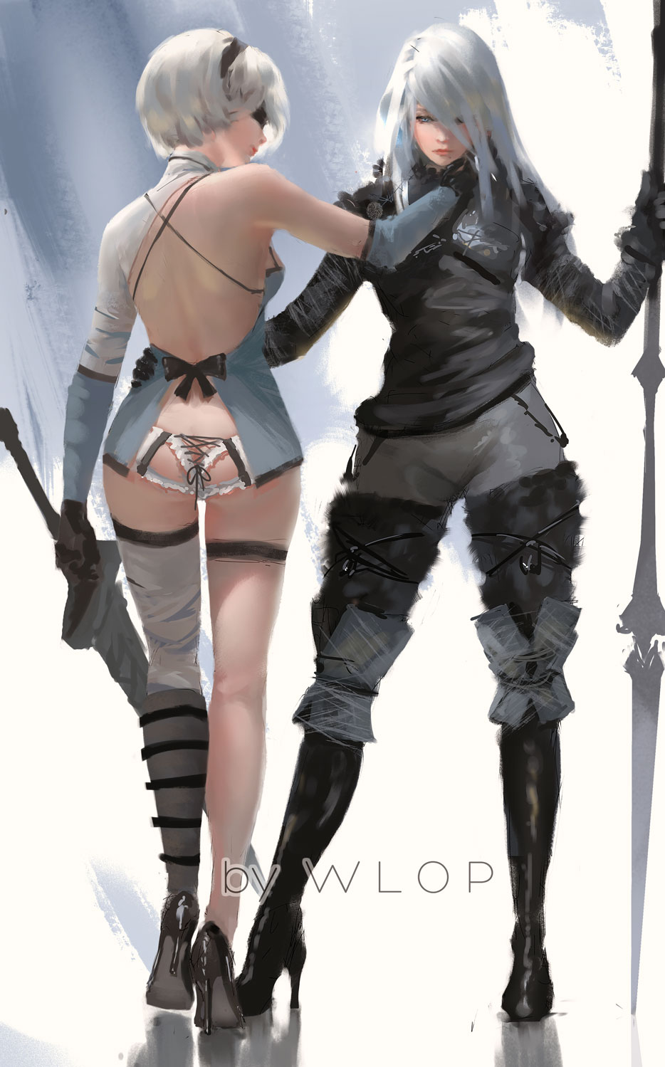 2girls, alternate_costume, arm_around_waist, armor, artist_name, ass, asymmetrical_clothes, back