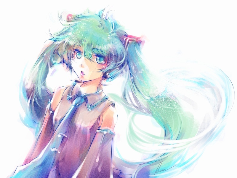 detached_sleeves, hatsune_miku, headset, long_hair, necktie, solo, soratooto, twintails