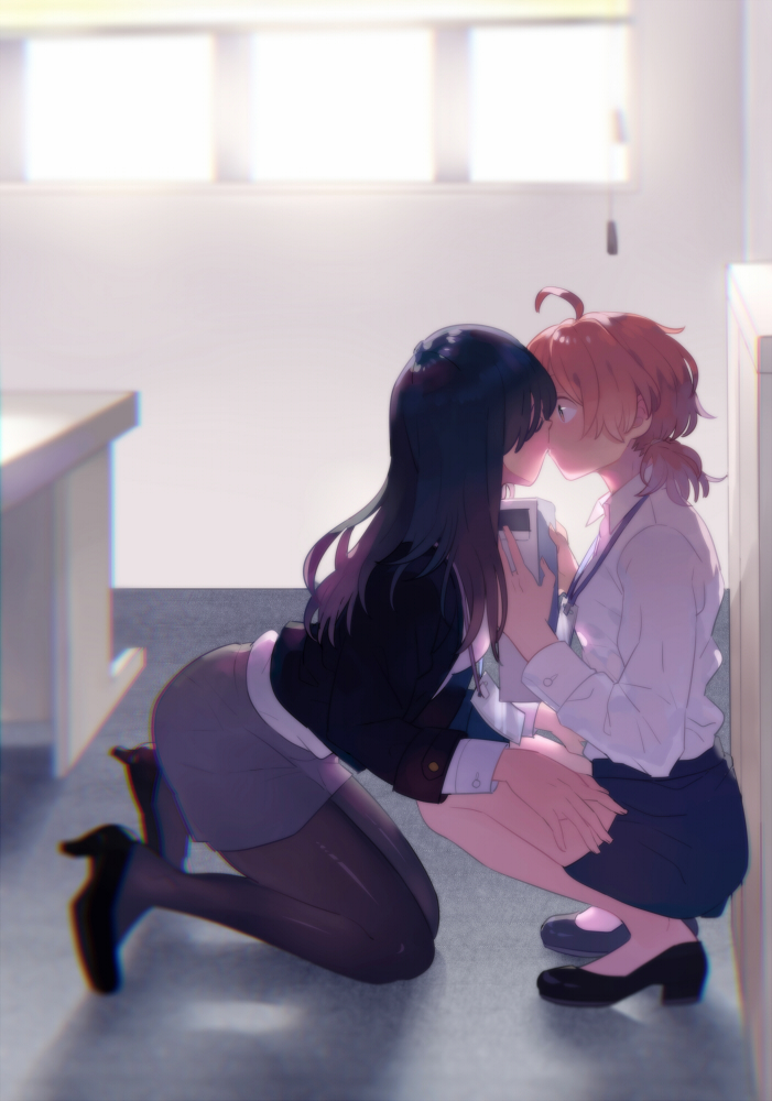 2girls, ahoge, black_hair, black_skirt, blush, commentary_request, grey_skirt, high_heels