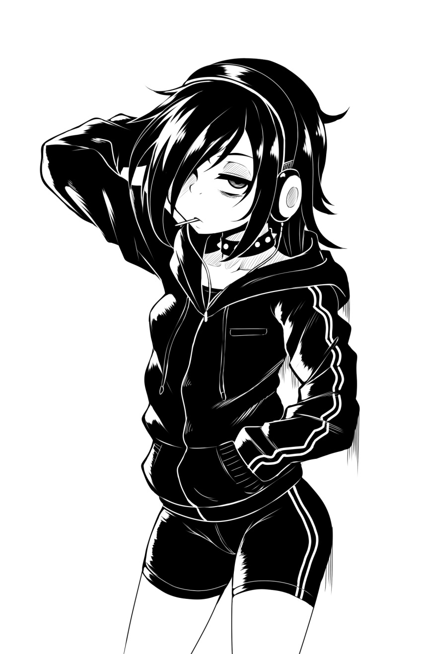 1girl, arm_up, bags_under_eyes, bike_shorts, collar, collarbone, commentary, cowboy_shot, ghettoyouth, hair_over_one_eye, hand_behind_head, hand_in_pocket, headphones, highres, hood, hoodie, kuroki_tomoko, long_hair, looking_at_viewer, monochrome, solo, spiked_collar, spikes, watashi_ga_motenai_no_wa_dou_kangaetemo_omaera_ga_warui!