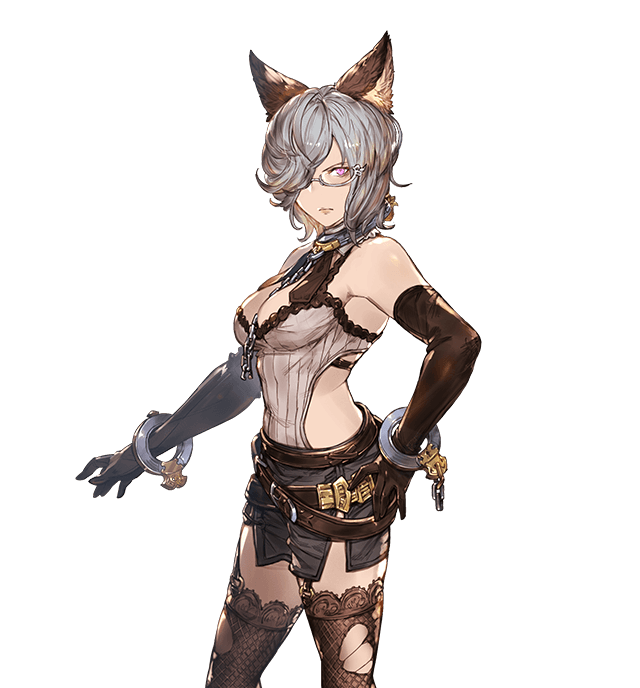1girl, animal_ears, bangs, bare_shoulders, belt, black_legwear, breasts, chains