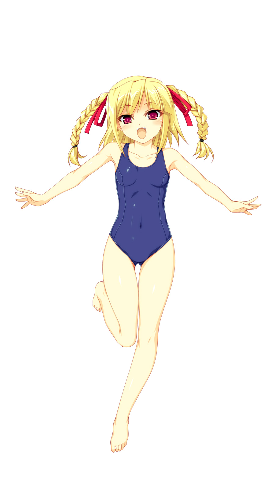 1girl, bangs, bare_legs, bare_shoulders, barefoot, beatmania, beatmania_iidx, blonde_hair, braid, breasts, collarbone, eyebrows_visible_through_hair, full_body, hair_ribbon, highres, kinoshita_ichi, leg_up, one-piece_swimsuit, open_mouth, red_eyes, ribbon, simple_background, small_breasts, smile, solo, swimsuit, twin_braids, white_background, xiatian_(beatmania_iidx)