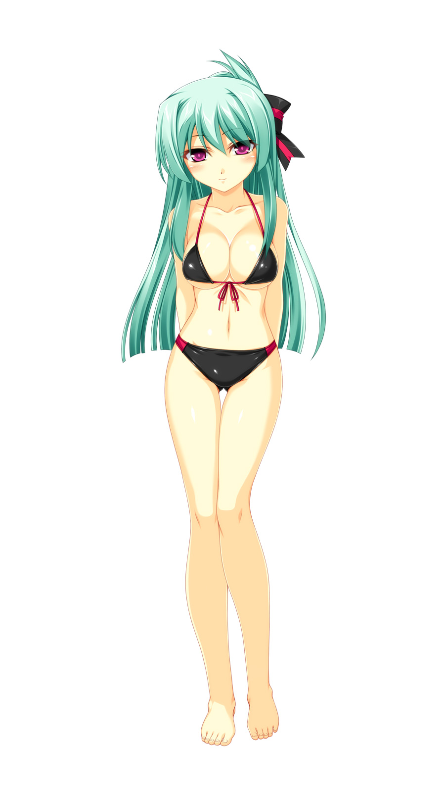 1girl, aqua_hair, arms_behind_back, bangs, bare_legs, bare_shoulders, barefoot, beatmania