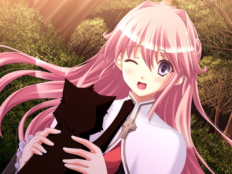 cat, dutch_angle, forest, game_cg, long_hair, nature, nemigi_tsukasa, pink_hair