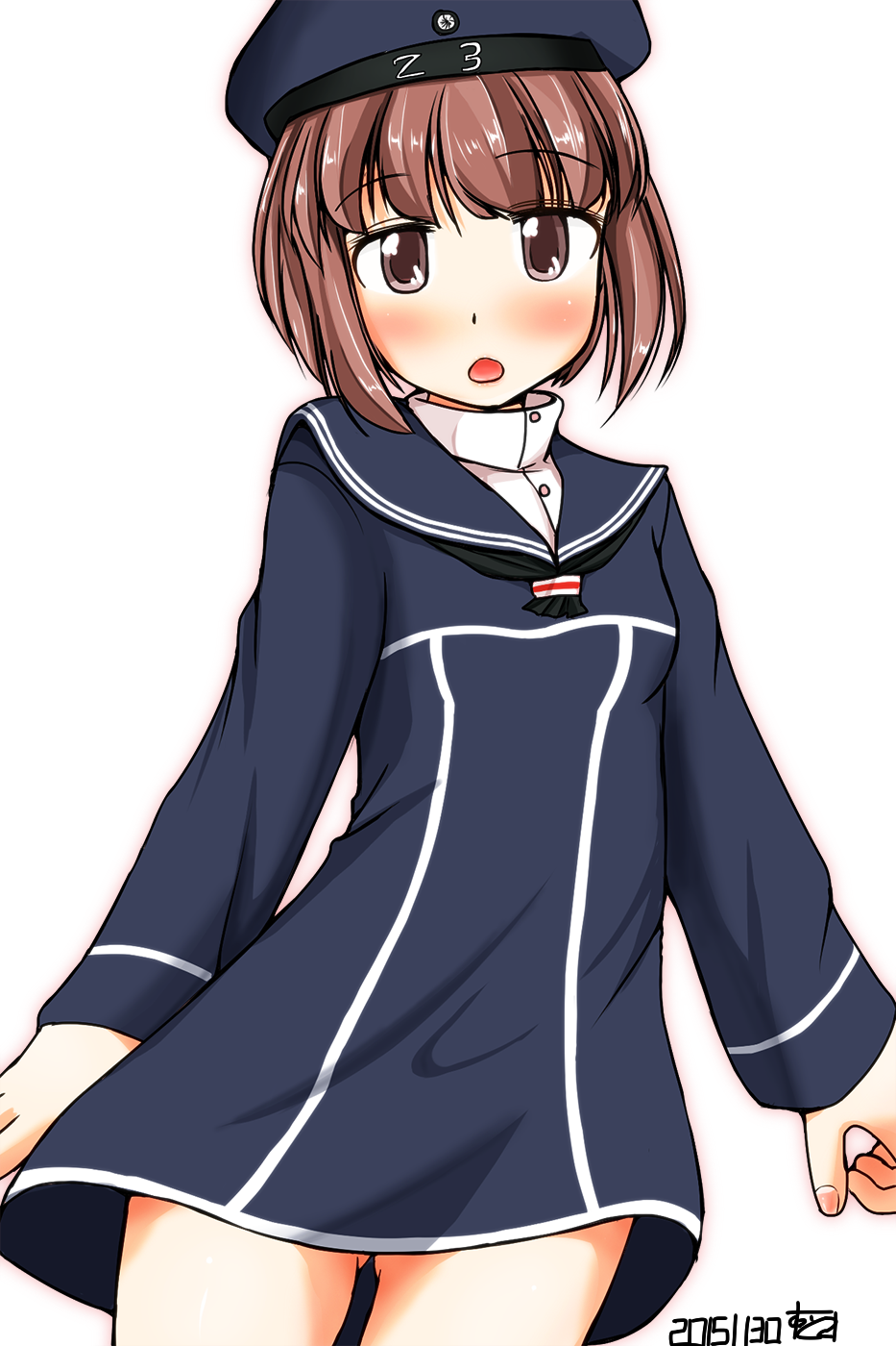 1girl, beret, blush, brown_eyes, brown_hair, chestnut_mouth, cst_(cocost), dated, hat, highres, kantai_collection, looking_at_viewer, short_hair, signature, simple_background, solo, thighs, white_background, z3_max_schultz_(kantai_collection)