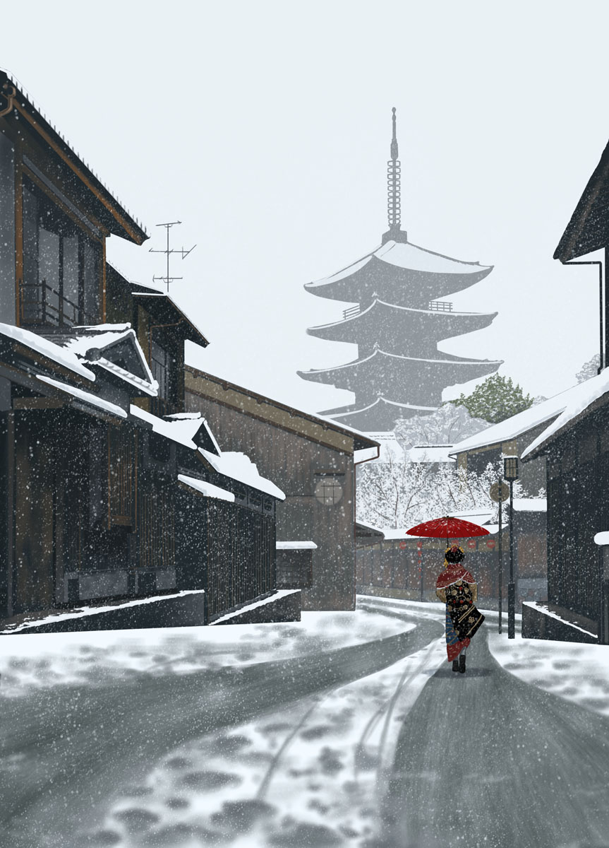 1girl, architecture, city, day, doora_(dora0913), east_asian_architecture, from_behind, happy_new_year