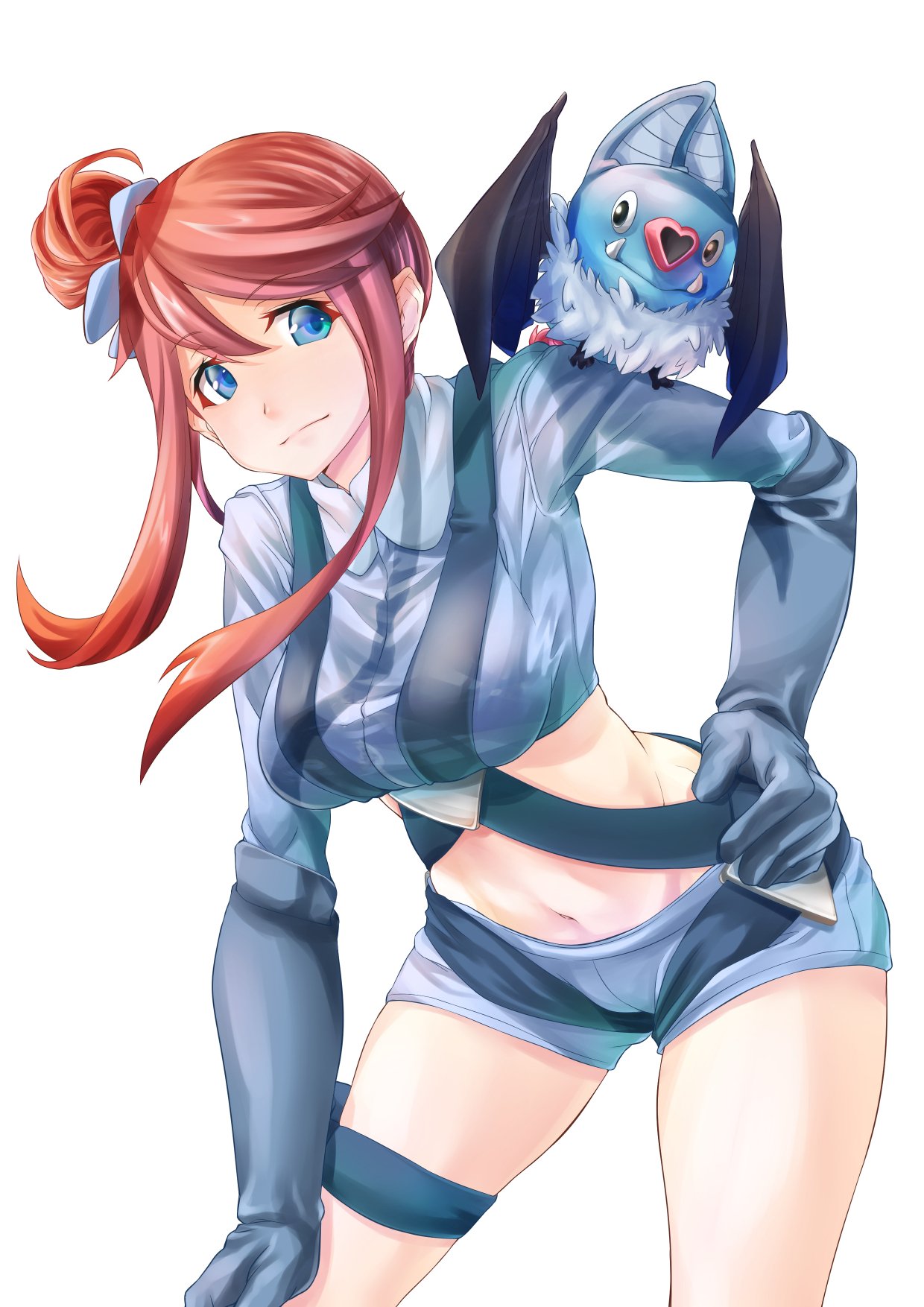 1girl, animal, animal_on_shoulder, bangs, black_gloves, blue_eyes, blue_shirt, blue_shorts