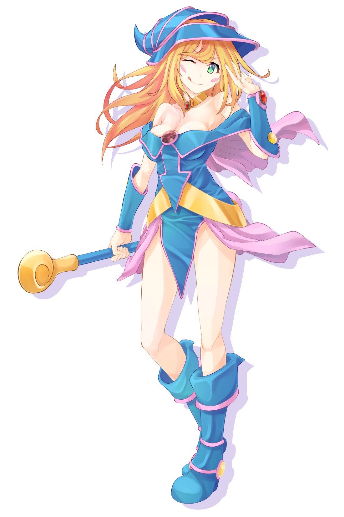 >;q, 1girl, bare_shoulders, blonde_hair, blue_boots, blue_dress, blush_stickers, boots, breasts, choker, cleavage, collarbone, dark_magician_girl, dress, drop_shadow, duel_monster, full_body, green_eyes, hat, highres, holding, holding_staff, long_hair, looking_at_viewer, medium_breasts, off-shoulder_dress, off_shoulder, pentacle, shio_pasta, short_dress, showgirl_skirt, solo, staff, v, vambraces, wizard_hat, yu-gi-oh!