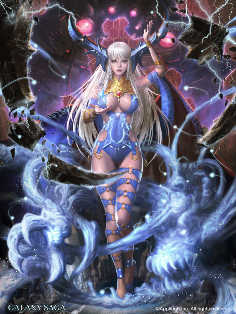 1girl, blue_eyes, bracer, breasts, company_name, copyright_name, crystal, detached_sleeves