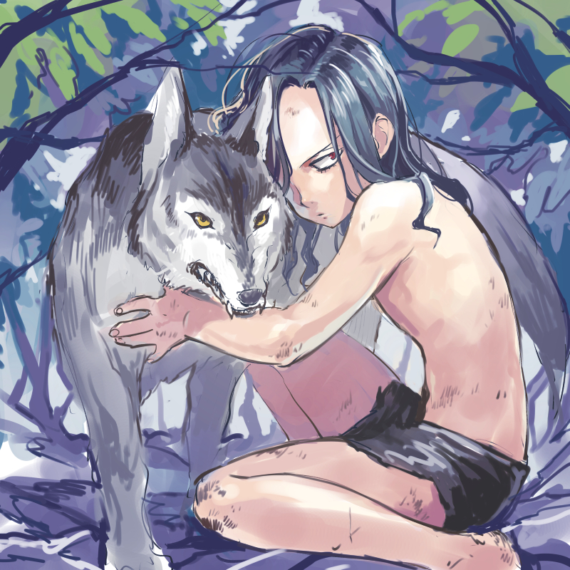 1boy, barefoot, black_hair, fangs, hair_over_one_eye, injury, long_hair, male_focus