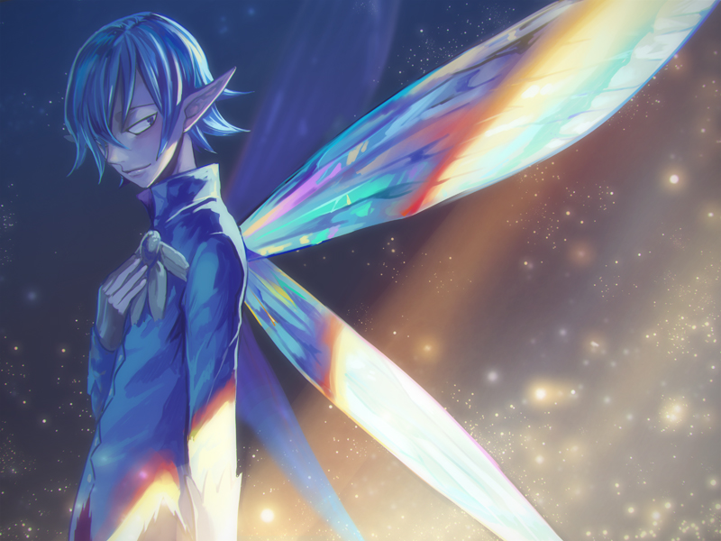1boy, fairy_wings, hair_over_one_eye, helbram, male_focus, moru_moru_moru, nanatsu_no_taizai, night, pointy_ears, solo, sparkle, upper_body, wings