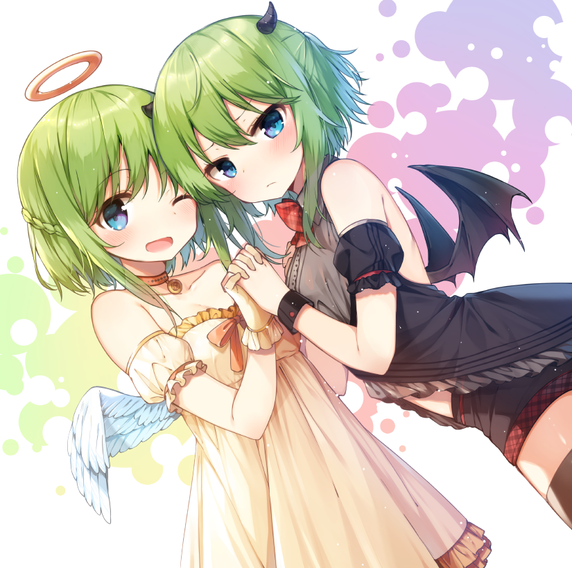 >:(, 2girls, ;d, ahoge, alternate_costume, alternate_hairstyle, angel_wings, bangs