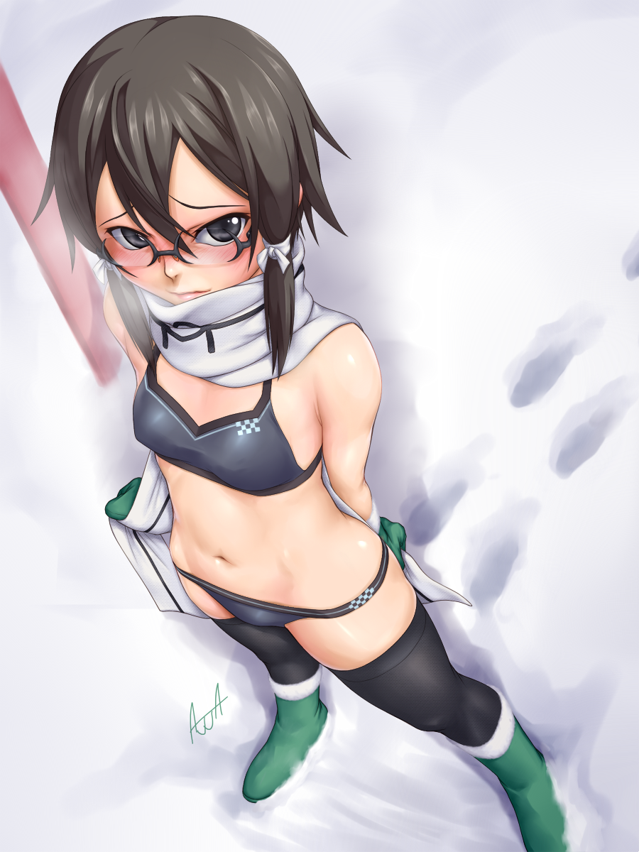 1girl, ^jj^, asada_shino, bikini, black_eyes, black_hair, blush, cold