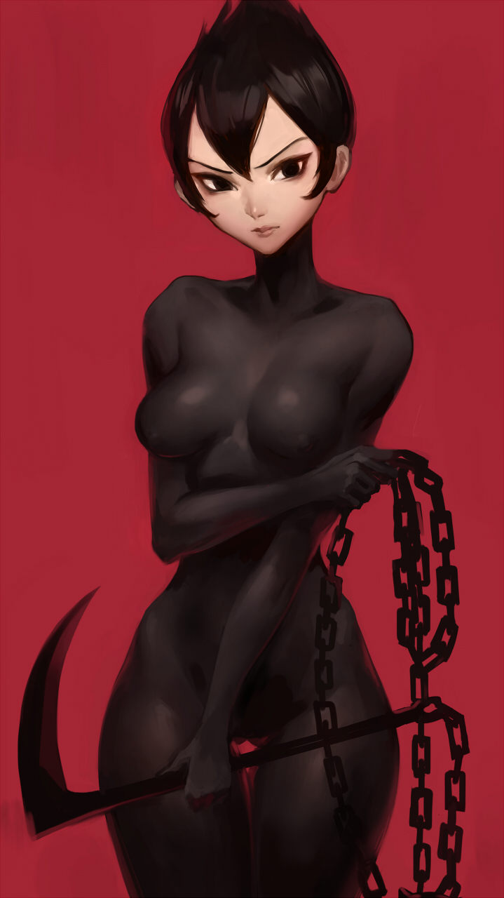 1girl, ashi_(samurai_jack), black_eyes, black_hair, bodypaint, breasts, chains, erect_nipples