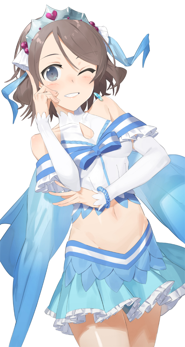 1girl, ;d, bangs, bare_shoulders, blue_eyes, blue_skirt, blue_wings, blush, bow, bracelet, breasts, brown_hair, cleavage, cleavage_cutout, collarbone, commentary_request, cowboy_shot, detached_sleeves, elbow_gloves, eyebrows_visible_through_hair, frilled_skirt, frills, gloves, grin, hair_bobbles, hair_ornament, hair_ribbon, hand_on_own_cheek, hayashi_kewi, heart, highres, index_finger_raised, jewelry, long_sleeves, looking_at_viewer, looking_back, love_live!, love_live!_sunshine!!, miniskirt, navel, one_eye_closed, open_mouth, pearl_bracelet, pleated_skirt, ribbon, shiny, shiny_skin, short_hair, single_elbow_glove, skirt, small_breasts, smile, solo, standing, standing_on_one_leg, stomach, striped, striped_bow, swept_bangs, tare_nu_(usesase), teeth, tiara, watanabe_you, white_ribbon, wings