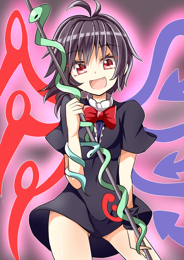 1girl, :d, aki_chimaki, antenna_hair, bangs, black_dress, black_hair, bow