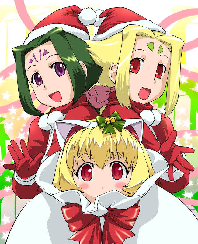 blush, christmas, fiona_(zoids), forehead_mark, gloves, green_hair, hat, personification, red_eyes, ribbon, santa, santa_costume, santa_hat, short_hair, ueyama_michirou, zeke, zoids, zoids_chaotic_century