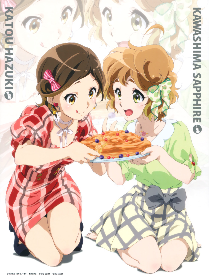 2girls, :d, :q, ahoge, barefoot, bow, brown_eyes, brown_hair
