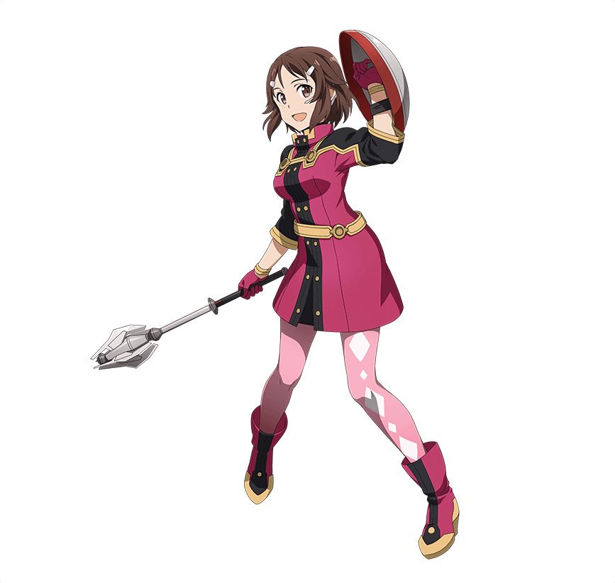 1girl, :d, asymmetrical_legwear, boots, brown_eyes, brown_hair, dress, full_body, gloves, hair_ornament, hairclip, holding, holding_weapon, looking_at_viewer, open_mouth, pink_legwear, red_boots, red_dress, red_gloves, shield, shinozaki_rikka, short_dress, short_hair_with_long_locks, sidelocks, simple_background, smile, solo, standing, sword_art_online, thigh-highs, weapon, white_background