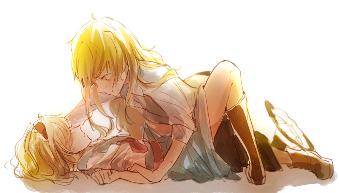 2girls, alice_margatroid, blonde_hair, blush, boots, bow, dress, hair_bow