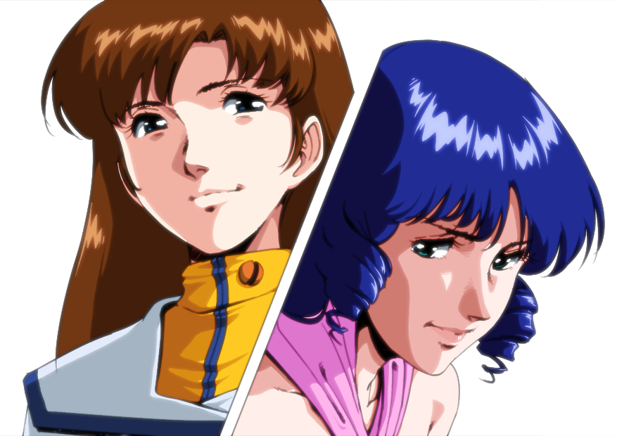 black_hair, blue_eyes, brown_hair, choujikuu_yousai_macross, dress, hayase_misa, langerhans_2016, lynn_minmay, macross, uniform
