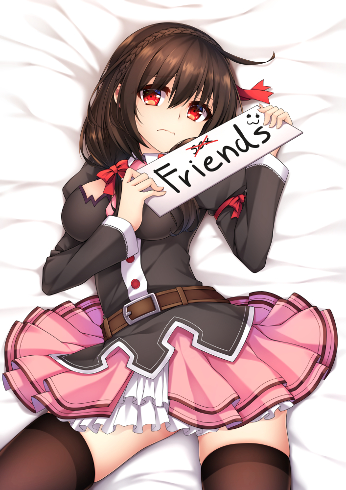 1girl, bed_sheet, belt, black_hair, black_legwear, blush, bow, braid