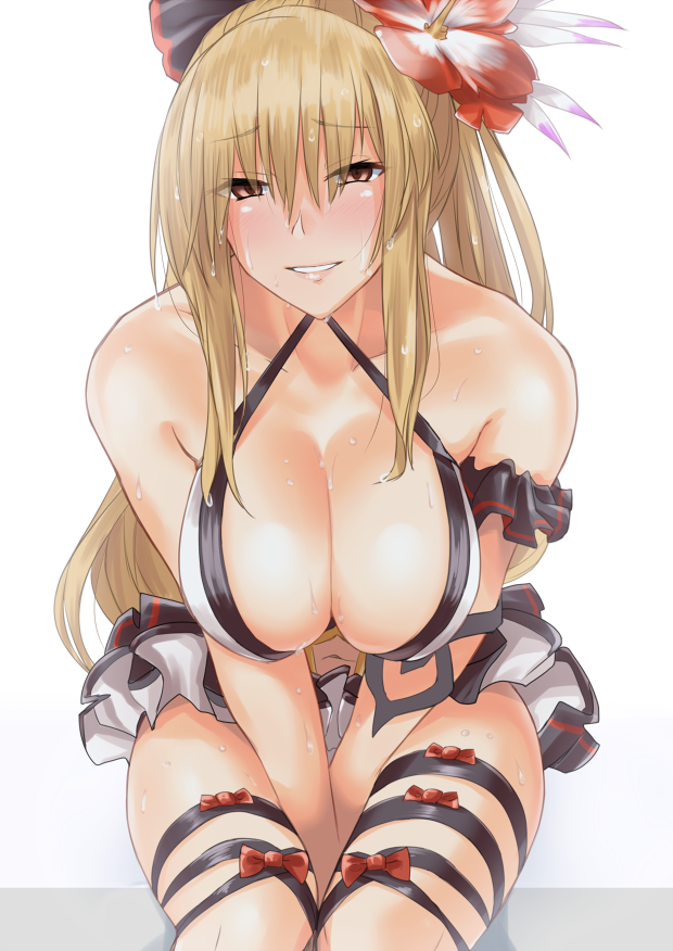 1girl, bangs, bare_shoulders, black_bow, black_skirt, blonde_hair, blush, bow