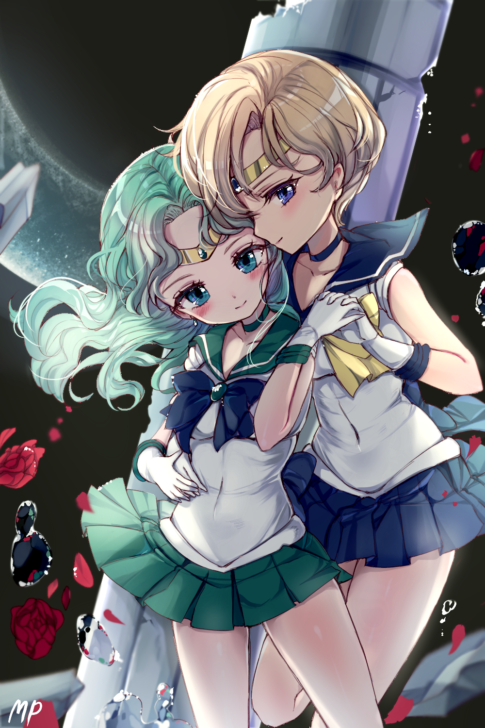 2girls, aqua_hair, aqua_skirt, artist_name, bangs, bishoujo_senshi_sailor_moon, blonde_hair, blue_bow