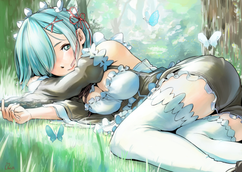 1girl, ass, bare_shoulders, blue_eyes, blue_hair, blush, breasts, butterfly