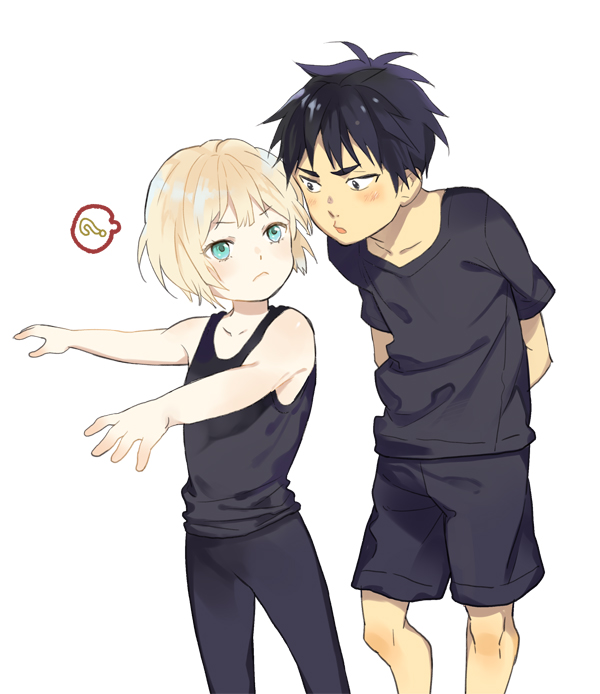 2boys, ?, black_hair, blonde_hair, blush, child, green_eyes, grey_eyes