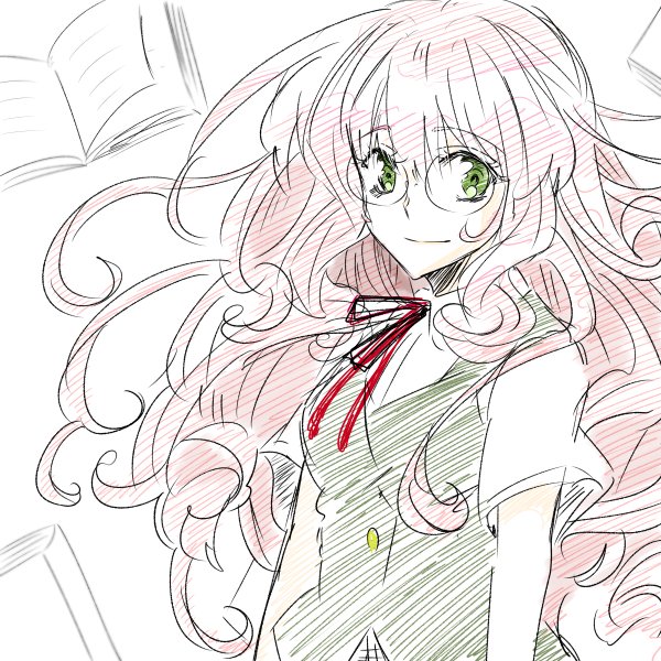 1girl, curly_hair, glasses, green_eyes, hel_(matantei_loki_ragnarok), long_hair, matantei_loki_ragnarok, pen