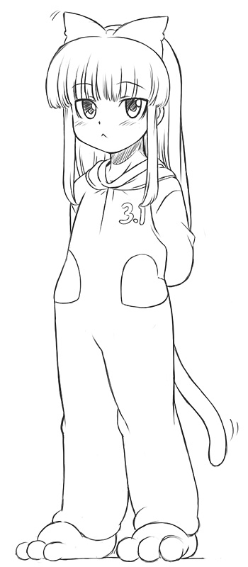 3.1, animal_costume, arms_behind, arms_behind_back, blush, long_hair, monochrome, os