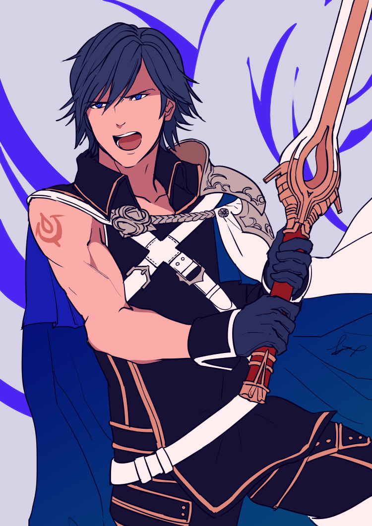 1boy, blue_eyes, blue_hair, cape, fire_emblem, fire_emblem:_kakusei, holding, holding_sword