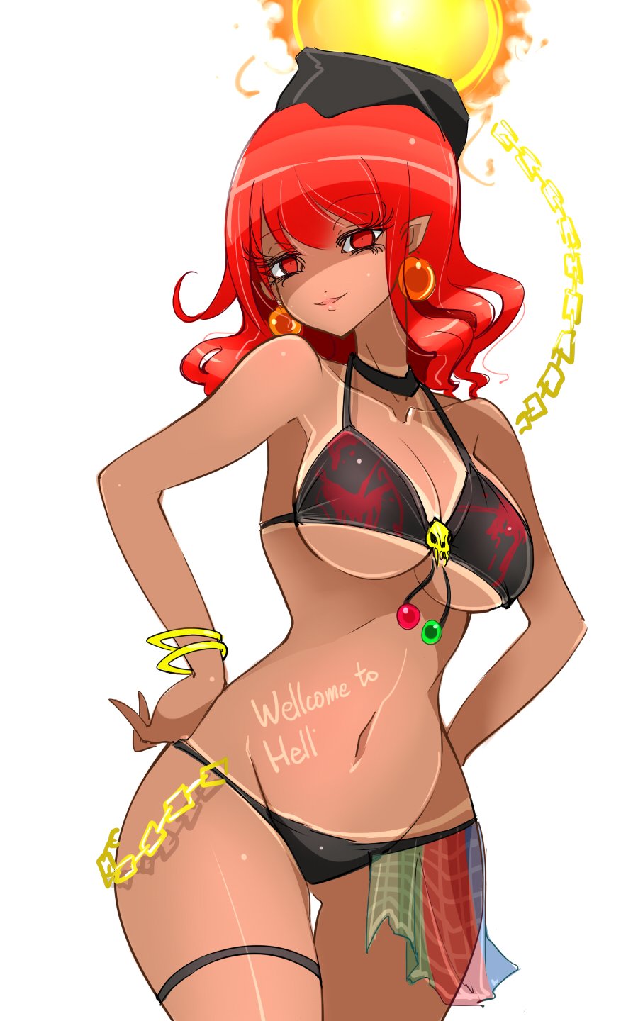 1girl, bangle, bikini, bikini_tan, black_bikini, body_writing, bracelet, breasts, chains, choker, cleavage, collarbone, contrapposto, curvy, dark_skin, earrings, english, eyelashes, gold_chain, groin, hands_on_hips, hat, hecatia_lapislazuli, highres, jewelry, large_breasts, looking_at_viewer, navel, parted_lips, pointy_ears, raptor7, red_eyes, redhead, short_hair, simple_background, smile, solo, sun, sun_(ornament), sun_tattoo, swimsuit, tan, tanline, thigh_strap, thighs, touhou, typo, under_boob, white_background, wide_hips