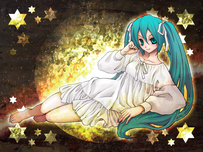 aqua_hair, bad_id, emura_miurin, hair_ribbon, hair_ribbons, hatsune_miku, lingerie, long_hair, moon, nightgown, ribbon, ribbons, star, star_(sky), stars, twintails, underwear, vocaloid