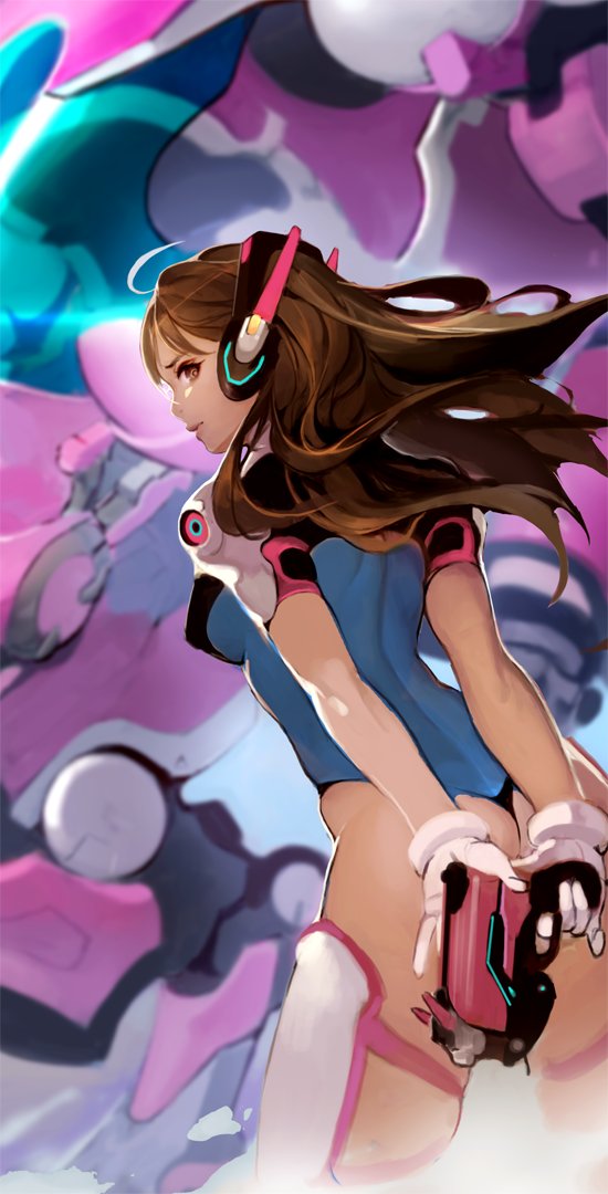 1girl, adapted_costume, akito1179, arm_cannon, arms_behind_back, ass, blue_leotard, boots