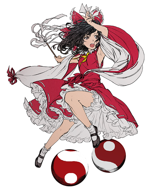 1girl, arm_up, armpits, ascot, between_fingers, black_eyes, black_hair, bloomers