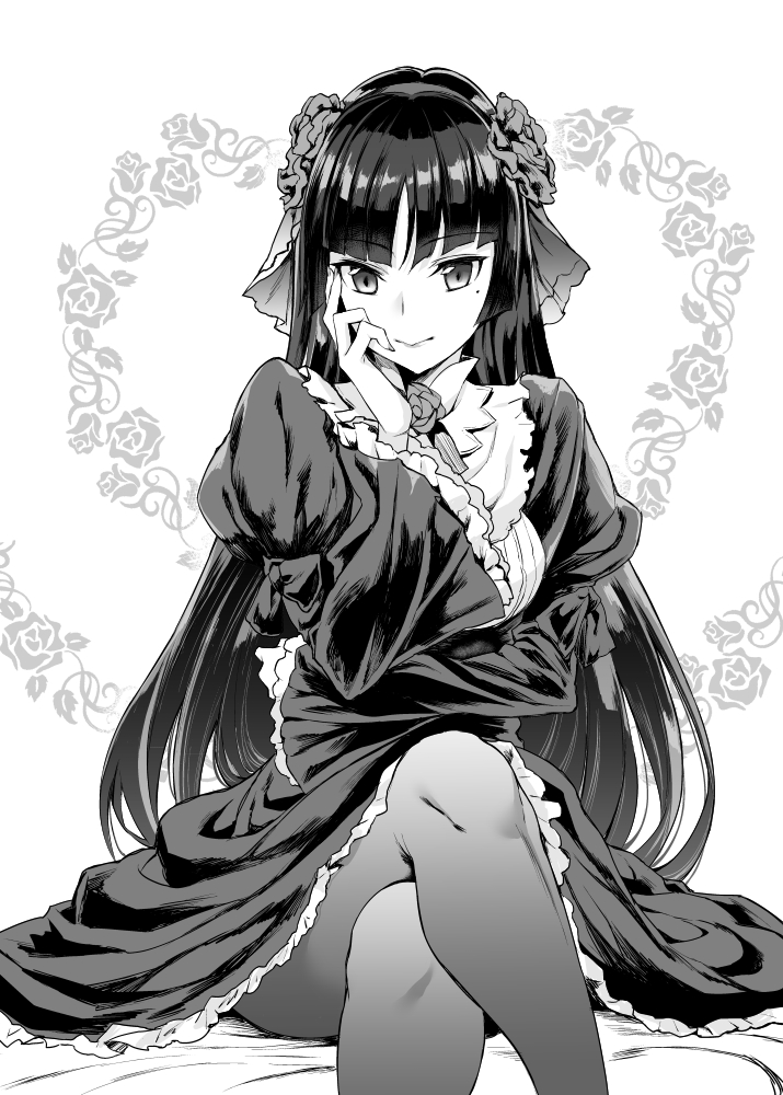 1girl, black_hair, black_legwear, commentary_request, dress, fingernails, flower, gokou_ruri