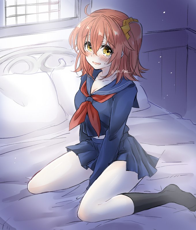 1girl, ahoge, bed_sheet, black_legwear, blush, breasts, cleavage, cosplay