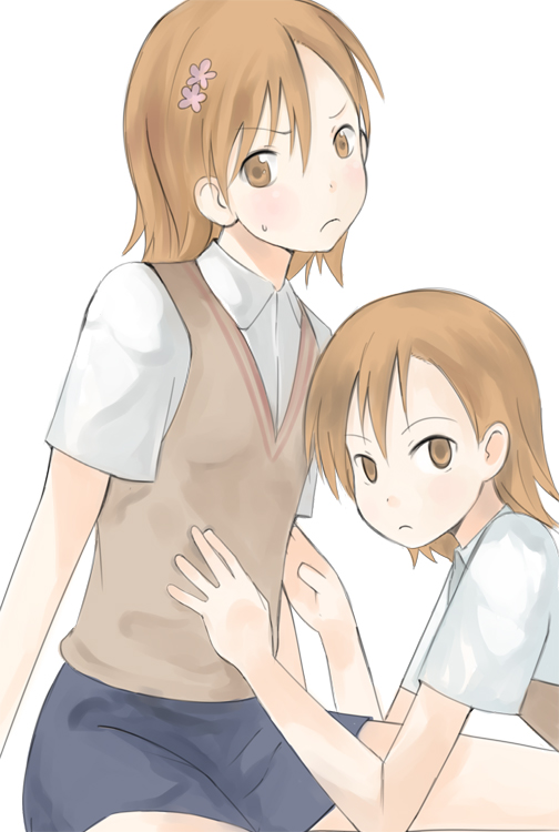 bad_id, brown_eyes, brown_hair, hair_ornament, misaka_imouto, misaka_mikoto, multiple_girls, school_uniform