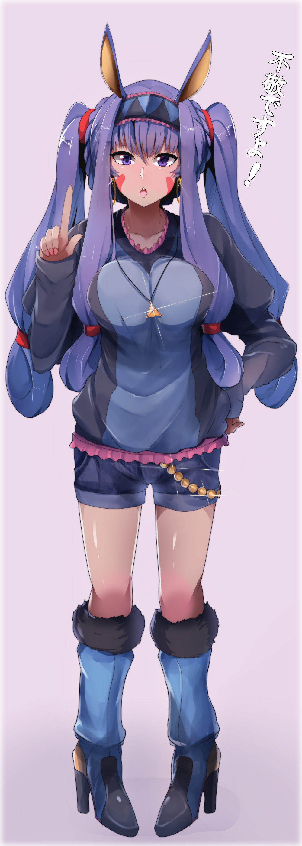 1girl, absurdres, alternate_costume, alternate_hairstyle, dark_skin, denim, denim_shorts, earrings