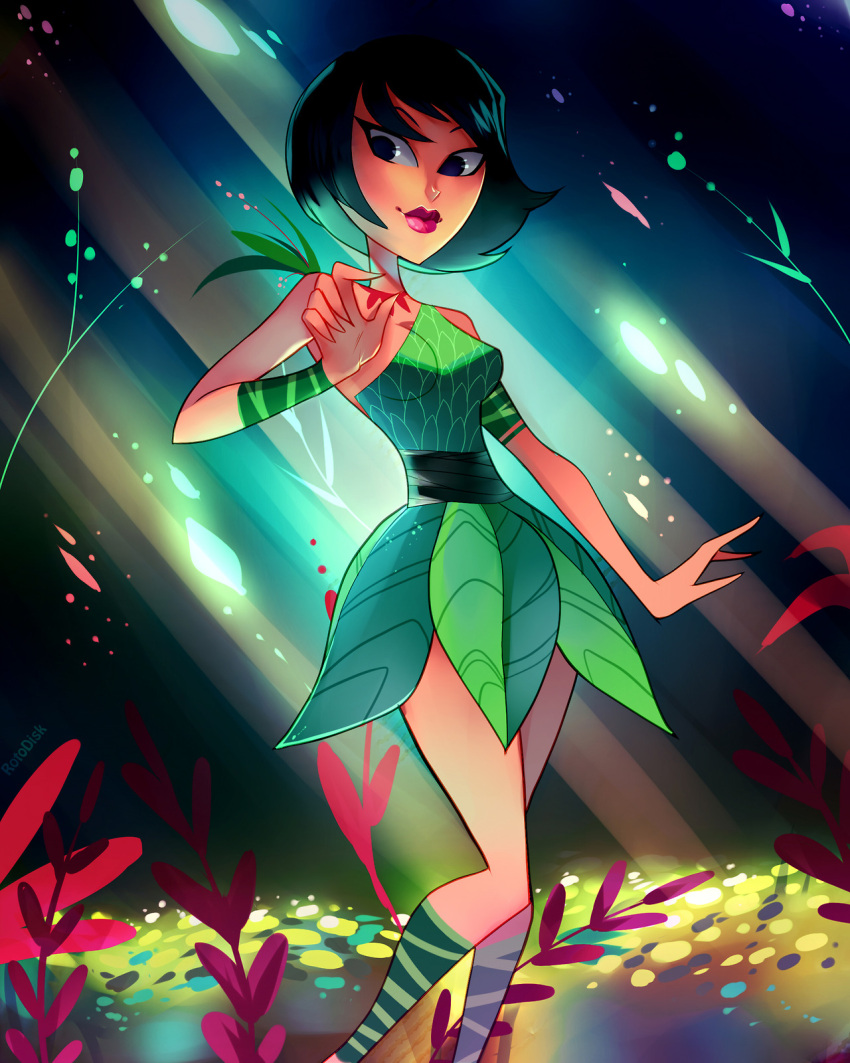 1girl, alternate_costume, alternate_hairstyle, artist_name, ashi_(samurai_jack), bare_shoulders, black_hair, breasts