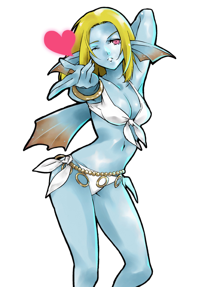 1girl, arm_behind_head, belly_chain, bikini, blonde_hair, blown_kiss, blue_skin, bracelet
