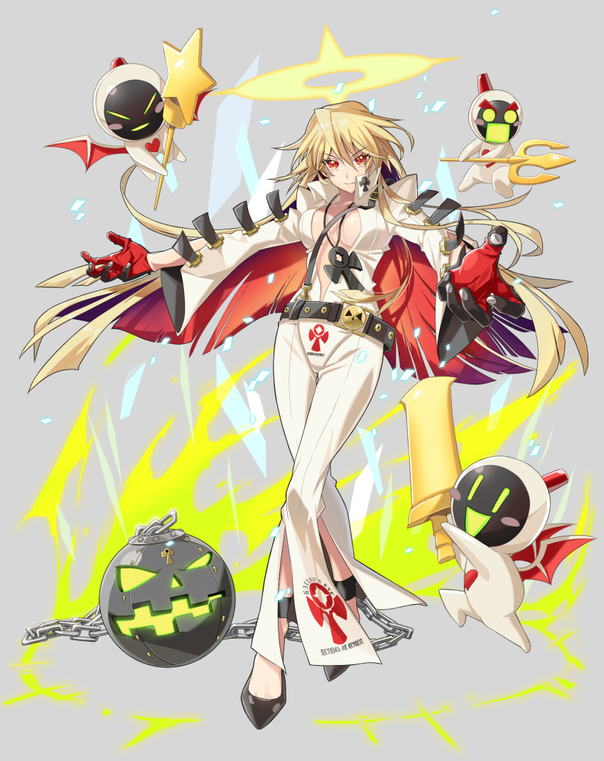 1girl, 4_(ym1129), ankh, ball_and_chain_restraint, belt, bodysuit, breasts, center_opening, cleavage, creature, full_body, gloves, guilty_gear, guilty_gear_xrd, halo, highres, jack-o_(guilty_gear), jewelry, legs_crossed, long_hair, looking_at_viewer, medium_breasts, minion_(guilty_gear), multicolored_hair, no_bra, outstretched_arms, pendant, popped_collar, red_eyes, redhead, smile, standing, two-tone_hair, white_hair